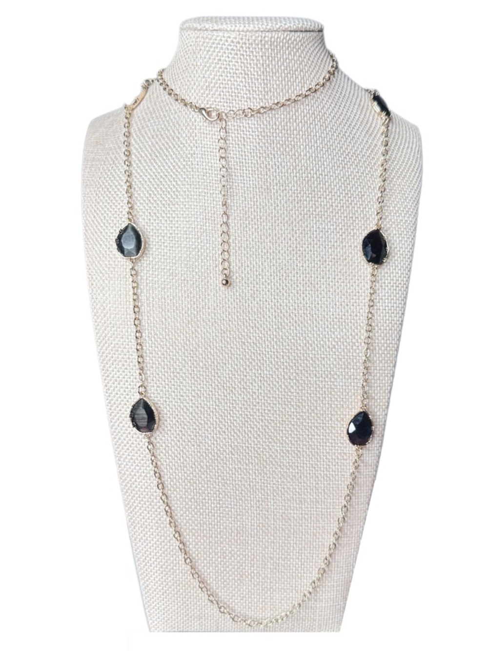 Nordstrom Gold-Tone Long Necklace with Black Teardrop Stations